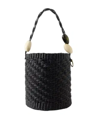 SENSI STUDIO Embellished Leather-trimmed Straw Bucket Bag | Thumbnail 1 SENSI STUDIO Embellished Leather-trimmed Straw Bucket Bag | Thumbnail 1