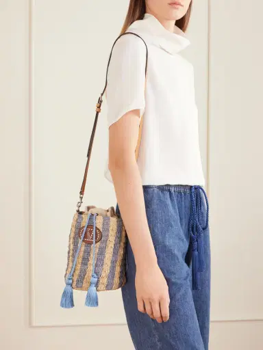 Valentino Garavani Embellished Striped Leather-trimmed Raffia Bucket Bag | Thumbnail 3 Valentino Garavani Embellished Striped Leather-trimmed Raffia Bucket Bag | Thumbnail 3