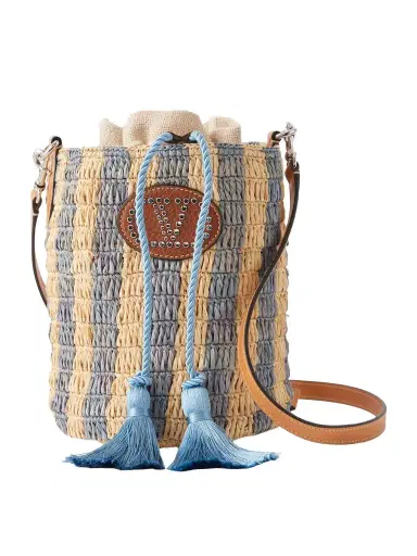 Valentino Garavani Embellished Striped Leather-trimmed Raffia Bucket Bag | Thumbnail 1 Valentino Garavani Embellished Striped Leather-trimmed Raffia Bucket Bag | Thumbnail 1