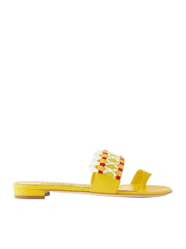 Manolo Blahnik Brava Raffia-trimmed Crocheted Leather Sandals | Thumbnail 1 Manolo Blahnik Brava Raffia-trimmed Crocheted Leather Sandals | Thumbnail 1