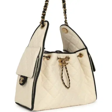 Chanel Chanel Small 25 Hobo Bag Ecru Canvas and Black Calfskin Gold Hardware | Thumbnail 2 Chanel Chanel Small 25 Hobo Bag Ecru Canvas and Black Calfskin Gold Hardware | Thumbnail 2