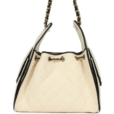 Chanel Chanel Small 25 Hobo Bag Ecru Canvas and Black Calfskin Gold Hardware | Thumbnail 4 Chanel Chanel Small 25 Hobo Bag Ecru Canvas and Black Calfskin Gold Hardware | Thumbnail 4