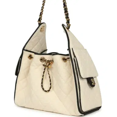 Chanel Chanel Small 25 Hobo Bag Ecru Canvas and Black Calfskin Gold Hardware | Thumbnail 5 Chanel Chanel Small 25 Hobo Bag Ecru Canvas and Black Calfskin Gold Hardware | Thumbnail 5