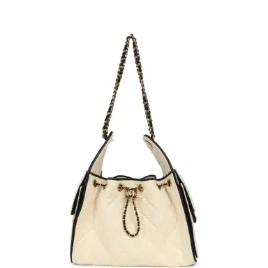 Chanel Chanel Small 25 Hobo Bag Ecru Canvas and Black Calfskin Gold Hardware | Thumbnail 6 Chanel Chanel Small 25 Hobo Bag Ecru Canvas and Black Calfskin Gold Hardware | Thumbnail 6