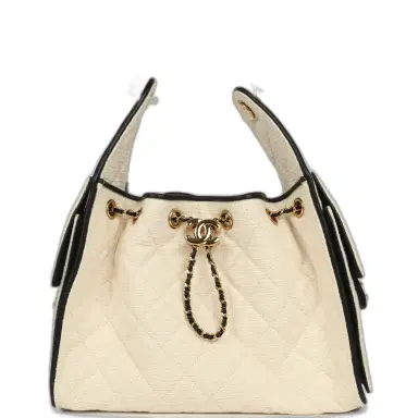 Chanel Chanel Small 25 Hobo Bag Ecru Canvas and Black Calfskin Gold Hardware | Thumbnail 1 Chanel Chanel Small 25 Hobo Bag Ecru Canvas and Black Calfskin Gold Hardware | Thumbnail 1