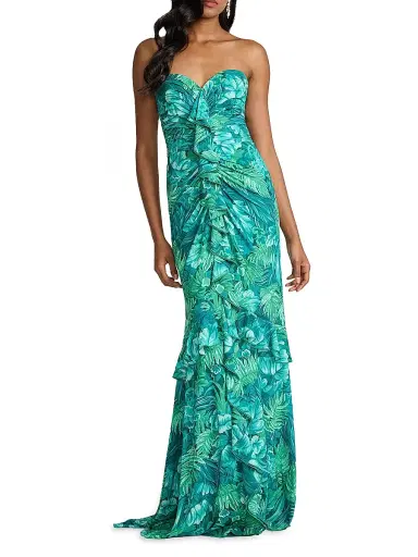 Tadashi Shoji Women's Tropical Print Ruffled Strapless Gown - Emerald Green Multi - Size 8 | Thumbnail 3 Tadashi Shoji Women's Tropical Print Ruffled Strapless Gown - Emerald Green Multi - Size 8 | Thumbnail 3