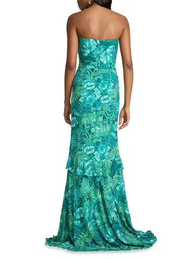 Tadashi Shoji Women's Tropical Print Ruffled Strapless Gown - Emerald Green Multi - Size 8 | Thumbnail 5 Tadashi Shoji Women's Tropical Print Ruffled Strapless Gown - Emerald Green Multi - Size 8 | Thumbnail 5