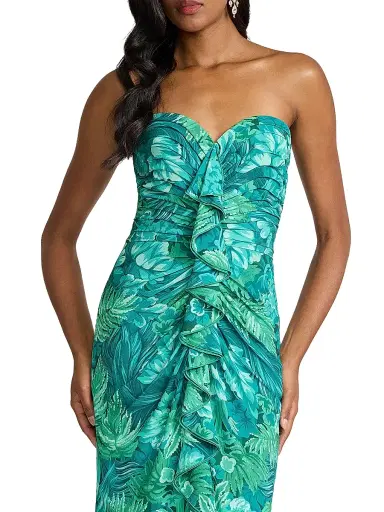 Tadashi Shoji Women's Tropical Print Ruffled Strapless Gown - Emerald Green Multi - Size 8 | Thumbnail 6 Tadashi Shoji Women's Tropical Print Ruffled Strapless Gown - Emerald Green Multi - Size 8 | Thumbnail 6