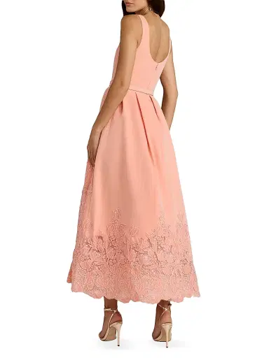 Mac Duggal Women's Floral-Lace Crepe Belted Midi-Dress - Peach | Thumbnail 2 Mac Duggal Women's Floral-Lace Crepe Belted Midi-Dress - Peach | Thumbnail 2