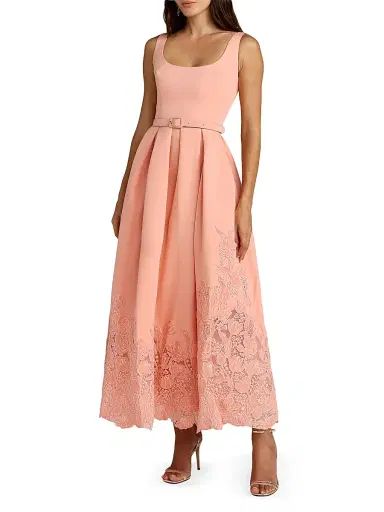 Mac Duggal Women's Floral-Lace Crepe Belted Midi-Dress - Peach | Thumbnail 1 Mac Duggal Women's Floral-Lace Crepe Belted Midi-Dress - Peach | Thumbnail 1