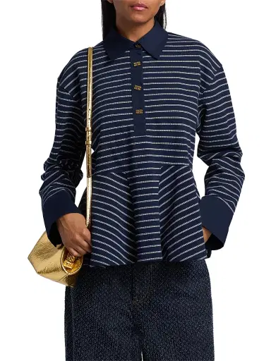 Ganni Women's Striped Single Piqué Cotton Peplum Top - Sky Captain | Thumbnail 3 Ganni Women's Striped Single Piqué Cotton Peplum Top - Sky Captain | Thumbnail 3