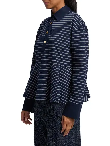 Ganni Women's Striped Single Piqué Cotton Peplum Top - Sky Captain | Thumbnail 4 Ganni Women's Striped Single Piqué Cotton Peplum Top - Sky Captain | Thumbnail 4