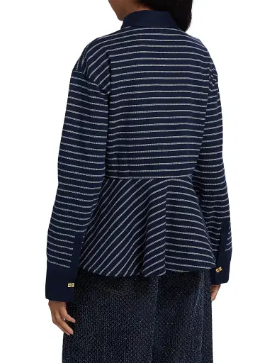 Ganni Women's Striped Single Piqué Cotton Peplum Top - Sky Captain | Thumbnail 5 Ganni Women's Striped Single Piqué Cotton Peplum Top - Sky Captain | Thumbnail 5