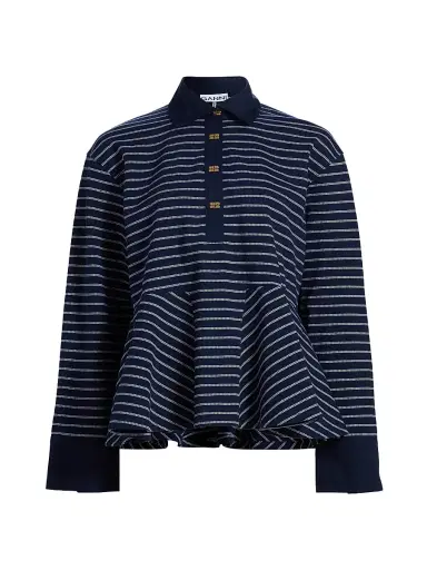 Ganni Women's Striped Single Piqué Cotton Peplum Top - Sky Captain | Thumbnail 1 Ganni Women's Striped Single Piqué Cotton Peplum Top - Sky Captain | Thumbnail 1