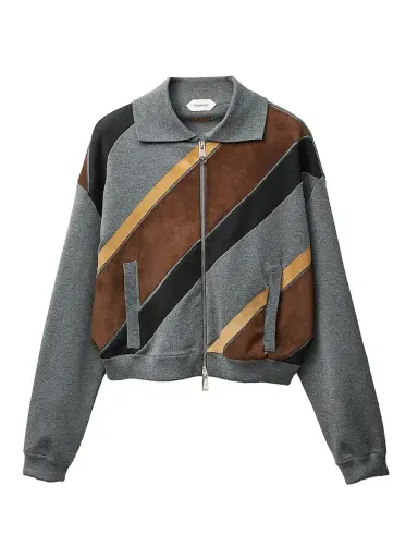 Versace Women's Intarsia-Wool & Leather Patchwork Zip Sweatshirt - Medium Grey | Thumbnail 1 Versace Women's Intarsia-Wool & Leather Patchwork Zip Sweatshirt - Medium Grey | Thumbnail 1