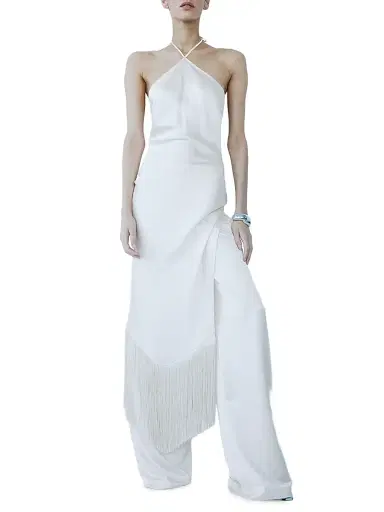 The New Arrivals Ilkyaz Ozel Women's Blanca Satin Fringe-Trim Midi-Dress - Crema | Thumbnail 1 The New Arrivals Ilkyaz Ozel Women's Blanca Satin Fringe-Trim Midi-Dress - Crema | Thumbnail 1
