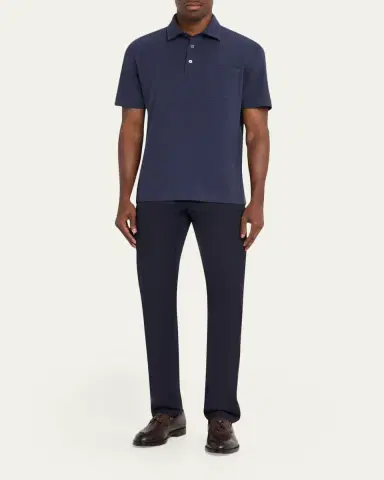 Zegna Men's Pique Polo Shirt with Leather-Trim Pocket | Thumbnail 2 Zegna Men's Pique Polo Shirt with Leather-Trim Pocket | Thumbnail 2