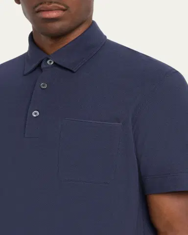 Zegna Men's Pique Polo Shirt with Leather-Trim Pocket | Thumbnail 5 Zegna Men's Pique Polo Shirt with Leather-Trim Pocket | Thumbnail 5