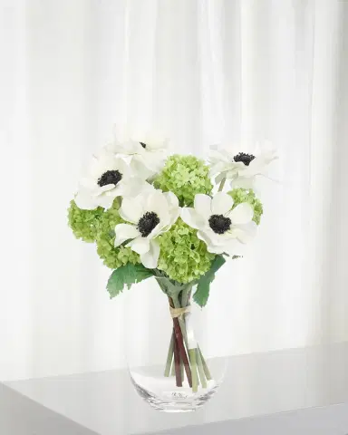NDI Faux Anemone Snowball Floral Arrangement in Glass Vase | Thumbnail 1 NDI Faux Anemone Snowball Floral Arrangement in Glass Vase | Thumbnail 1