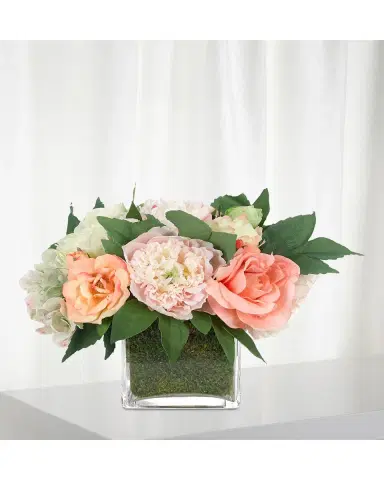NDI Peony Rose Faux-Floral Arrangement in Glass Cube Moss, 12wx12dx9h | Thumbnail 2 NDI Peony Rose Faux-Floral Arrangement in Glass Cube Moss, 12wx12dx9h | Thumbnail 2