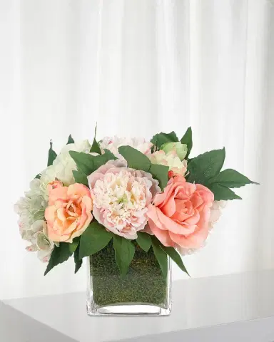 NDI Peony Rose Faux-Floral Arrangement in Glass Cube Moss, 12wx12dx9h | Thumbnail 1 NDI Peony Rose Faux-Floral Arrangement in Glass Cube Moss, 12wx12dx9h | Thumbnail 1