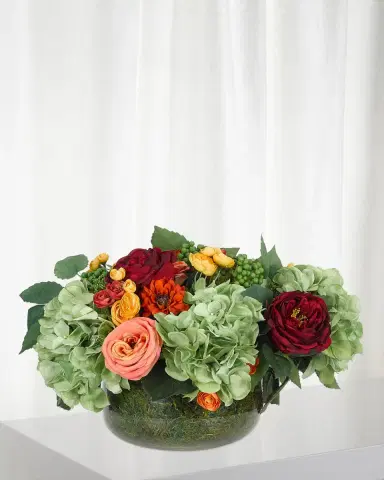 NDI Rose Hydrangea Moss Garden Faux-Floral Arrangement in Glass Bowl, 17w17d10h | Thumbnail 1 NDI Rose Hydrangea Moss Garden Faux-Floral Arrangement in Glass Bowl, 17w17d10h | Thumbnail 1