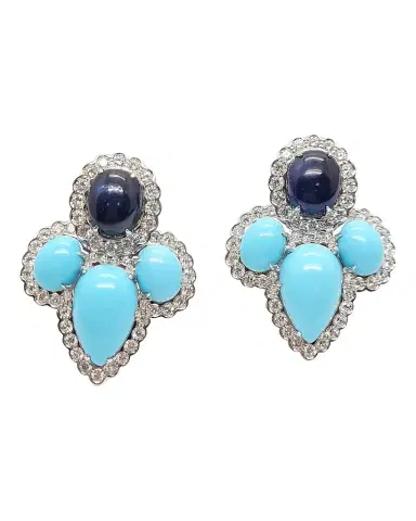 Andreoli 18K White Gold Diamond, Sapphire and Turquoise Earrings | Thumbnail 1 Andreoli 18K White Gold Diamond, Sapphire and Turquoise Earrings | Thumbnail 1