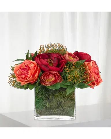 NDI Rose Peony Faux-Floral Arrangement in Glass Cube with Moss, 13wx13dx12h | Thumbnail 2 NDI Rose Peony Faux-Floral Arrangement in Glass Cube with Moss, 13wx13dx12h | Thumbnail 2
