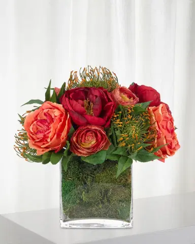 NDI Rose Peony Faux-Floral Arrangement in Glass Cube with Moss, 13wx13dx12h | Thumbnail 1 NDI Rose Peony Faux-Floral Arrangement in Glass Cube with Moss, 13wx13dx12h | Thumbnail 1