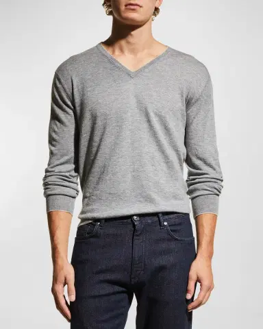 Neiman Marcus Men's Extra Lightweight Wool-Cashmere V-Neck Sweater | Thumbnail 3 Neiman Marcus Men's Extra Lightweight Wool-Cashmere V-Neck Sweater | Thumbnail 3