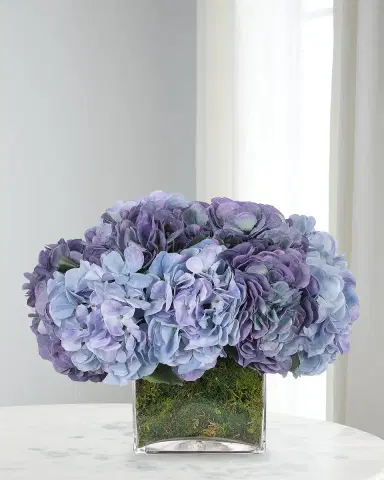 NDI Hydrangeas 14" Faux Floral Arrangement in Moss Garden Glass Cube | Thumbnail 1 NDI Hydrangeas 14" Faux Floral Arrangement in Moss Garden Glass Cube | Thumbnail 1