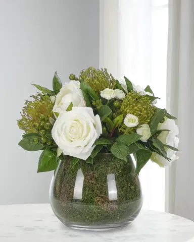 NDI Roses and Proteas 11" Faux Floral Arrangement in Moss Garden Glass Vase | Thumbnail 1 NDI Roses and Proteas 11" Faux Floral Arrangement in Moss Garden Glass Vase | Thumbnail 1