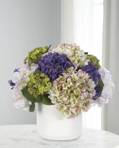 NDI Hydrangea 13" Faux Floral Arrangement in Ceramic Pot | Thumbnail 1 NDI Hydrangea 13" Faux Floral Arrangement in Ceramic Pot | Thumbnail 1