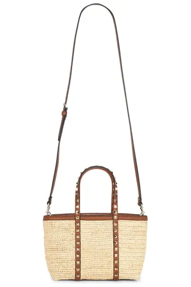 Valentino Garavani Crochet Raffia Rockstud Mini Tote Bag | Thumbnail 1 Valentino Garavani Crochet Raffia Rockstud Mini Tote Bag | Thumbnail 1