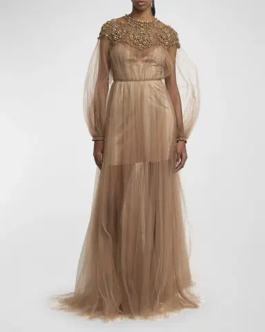 Valentino Garavani Crystal Embroidered Lace Long-Sleeve Pleated Tulle Gown | Thumbnail 2 Valentino Garavani Crystal Embroidered Lace Long-Sleeve Pleated Tulle Gown | Thumbnail 2