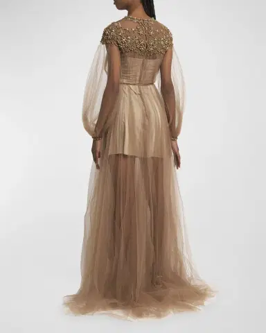 Valentino Garavani Crystal Embroidered Lace Long-Sleeve Pleated Tulle Gown | Thumbnail 4 Valentino Garavani Crystal Embroidered Lace Long-Sleeve Pleated Tulle Gown | Thumbnail 4