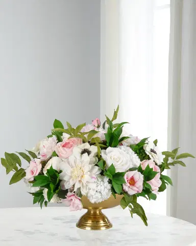 NDI Roses & Anemones 24" Faux Floral Arrangement in Footed Brass Bowl | Thumbnail 1 NDI Roses & Anemones 24" Faux Floral Arrangement in Footed Brass Bowl | Thumbnail 1