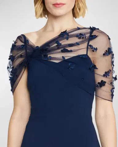 Theia Sofia Floral Applique Tulle & Crepe Gown | Thumbnail 4 Theia Sofia Floral Applique Tulle & Crepe Gown | Thumbnail 4