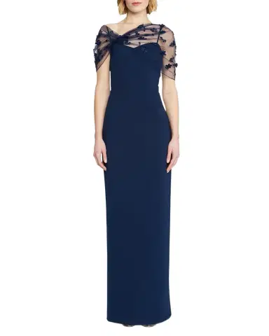 Theia Sofia Floral Applique Tulle & Crepe Gown | Thumbnail 1 Theia Sofia Floral Applique Tulle & Crepe Gown | Thumbnail 1