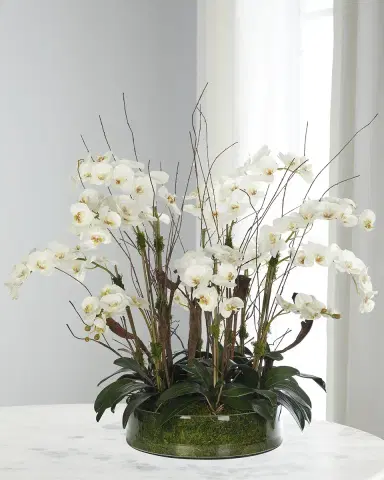 NDI White Phalaenopsis Orchids 42" Faux Floral Arrangement in a Moss Glass Bowl | Thumbnail 1 NDI White Phalaenopsis Orchids 42" Faux Floral Arrangement in a Moss Glass Bowl | Thumbnail 1