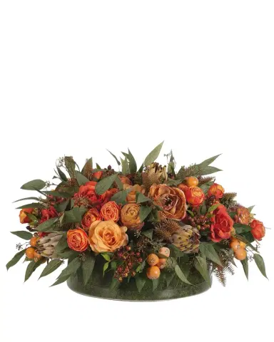 NDI Roses & Proteas 28" Faux Floral Arrangement in a Moss Glass Bowl | Thumbnail 1 NDI Roses & Proteas 28" Faux Floral Arrangement in a Moss Glass Bowl | Thumbnail 1