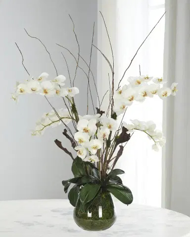 NDI White Phalaneopsis Orchids 44" Faux Floral Arrangement in a Moss Glass Vase | Thumbnail 1 NDI White Phalaneopsis Orchids 44" Faux Floral Arrangement in a Moss Glass Vase | Thumbnail 1