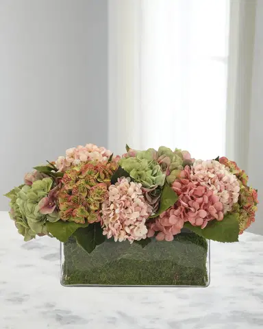 NDI Hydrangeas 21" Faux Floral Arrangement in a Moss Glass Rectangle | Thumbnail 1 NDI Hydrangeas 21" Faux Floral Arrangement in a Moss Glass Rectangle | Thumbnail 1