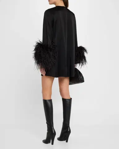 LAPOINTE Double-Face Satin Shift Dress with Ostrich Feathers | Thumbnail 3 LAPOINTE Double-Face Satin Shift Dress with Ostrich Feathers | Thumbnail 3