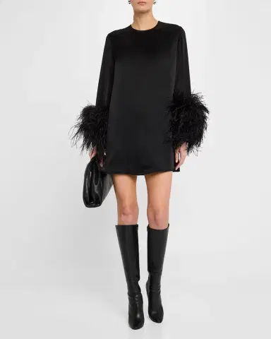 LAPOINTE Double-Face Satin Shift Dress with Ostrich Feathers | Thumbnail 4 LAPOINTE Double-Face Satin Shift Dress with Ostrich Feathers | Thumbnail 4