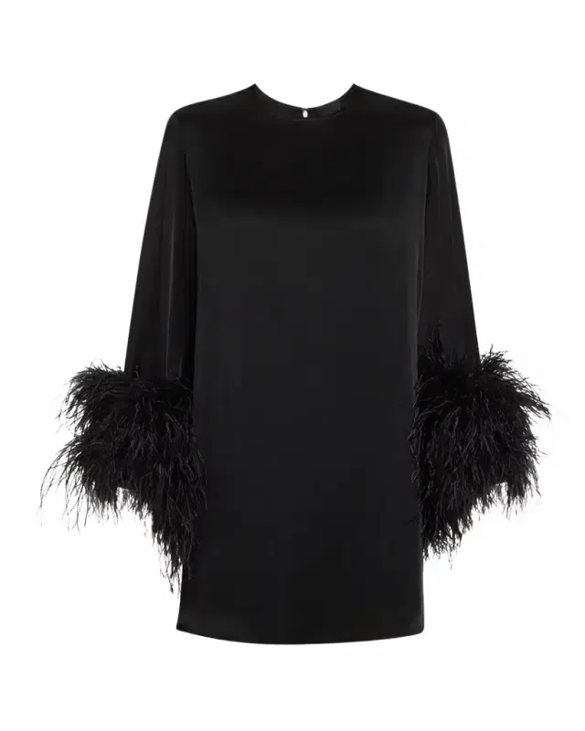 Double-Face Satin Shift Dress with Ostrich Feathers Double-Face Satin Shift Dress with Ostrich Feathers