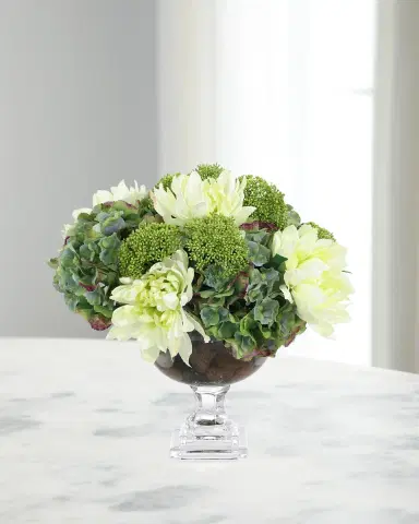 John-Richard Collection Teal Green Hydrangeas 18" Faux Floral Arrangement in Glass Vase | Thumbnail 1 John-Richard Collection Teal Green Hydrangeas 18" Faux Floral Arrangement in Glass Vase | Thumbnail 1