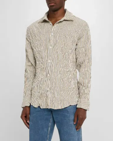 Bottega Veneta Men's Tricolor Stripe Crinkled Sport Shirt | Thumbnail 3 Bottega Veneta Men's Tricolor Stripe Crinkled Sport Shirt | Thumbnail 3
