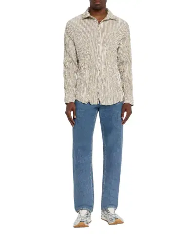 Bottega Veneta Men's Tricolor Stripe Crinkled Sport Shirt | Thumbnail 1 Bottega Veneta Men's Tricolor Stripe Crinkled Sport Shirt | Thumbnail 1