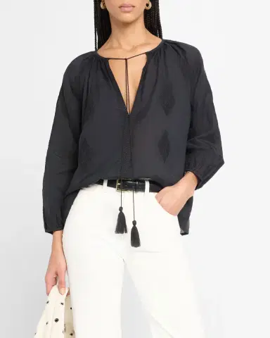 Nili Lotan Cristo Embroidered Tie Peasant Blouse | Thumbnail 4 Nili Lotan Cristo Embroidered Tie Peasant Blouse | Thumbnail 4